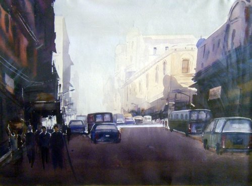 City at Early Morning-Watercololor painting. by Samiran Sarkar
