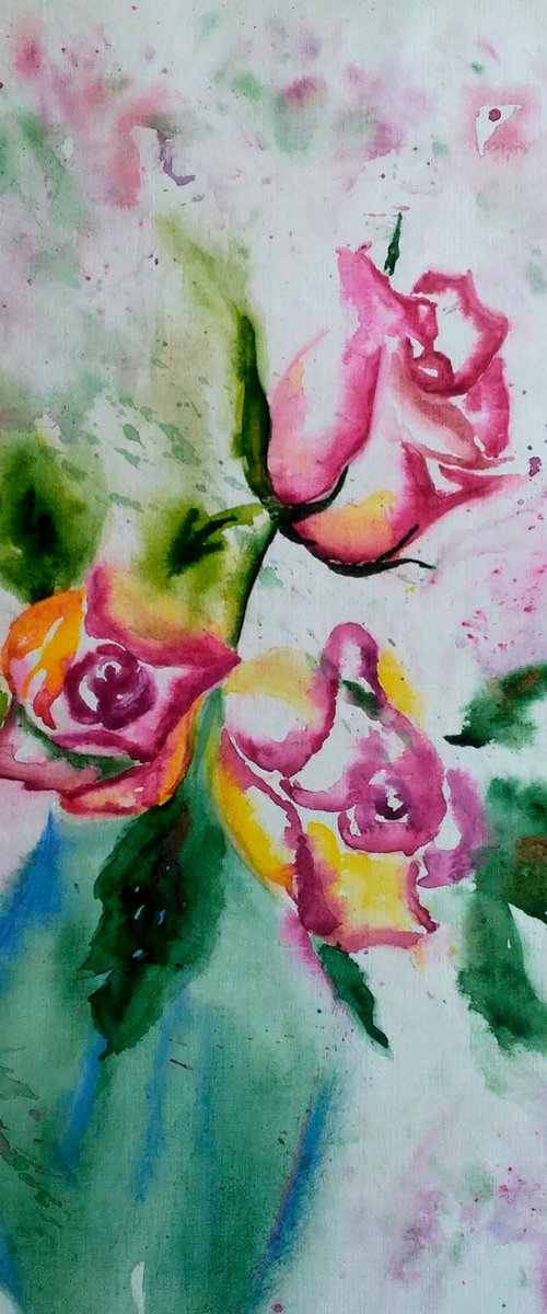 Roses Painting Floral Original Art Roses in Blue Vase Still Life Flowers Small Watercolor Artwork Home Wall Art 8 by 11" by Halyna Kirichenko by Halyna Kirichenko