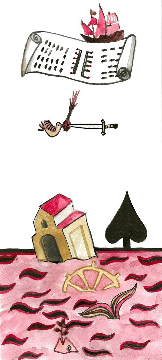 Surrealistic Landscape Watercolour By Andromachi Giannopoulou, 5 X 11, Medieval Surrealism, Original Artwork