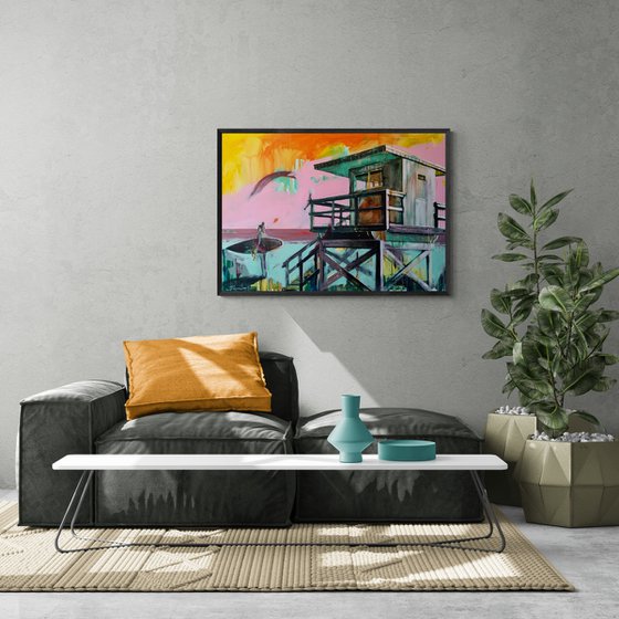 Big painting - "Surf in Miami Beach" - Bright painting - Pop Art - Urban - Surfing