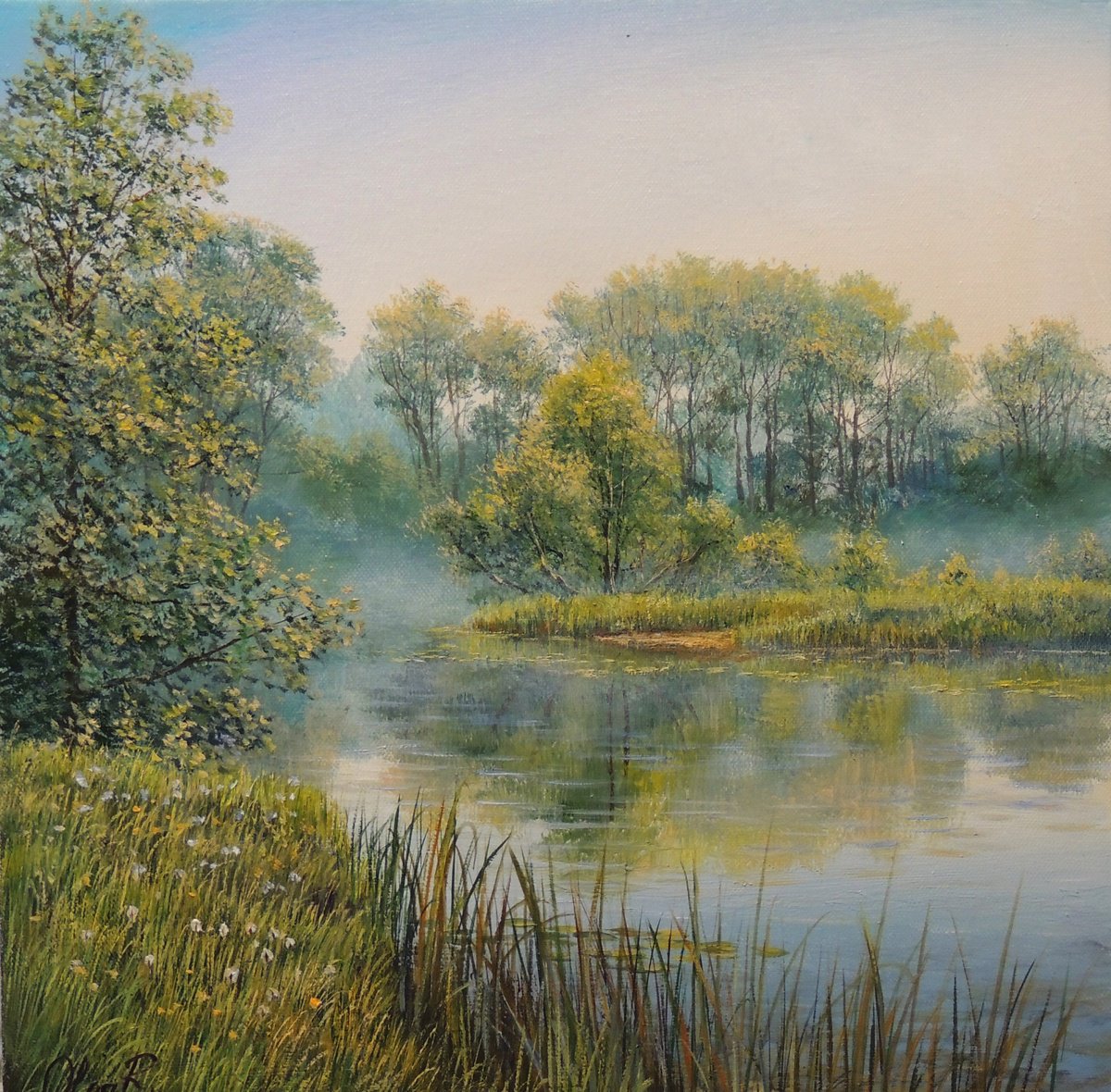 Photorealistic Landscape Oil Painting By Olga Riabchuk, 16 X 16", Whispers Of The Morning Mist, Original Artwork