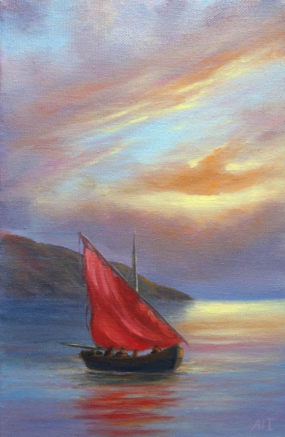 Red Sails - Painting Seascape Original Art Sunset Art Calm Seascape Small Painting 8" by 12"