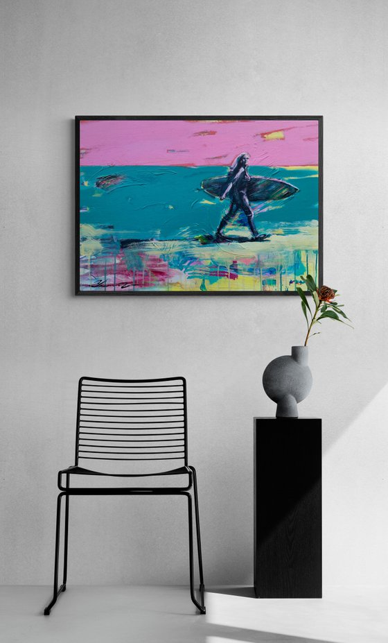 Bright painting - "Miami Beach" - Girl - Pop Art - Urban - Surfing - California