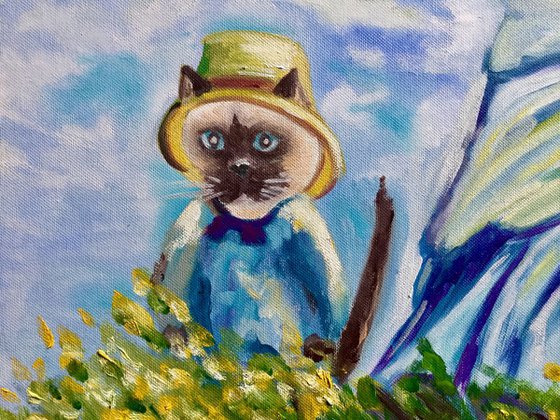 Siamise cats with umbrella. Inspired by Claude Monet. Feline version.