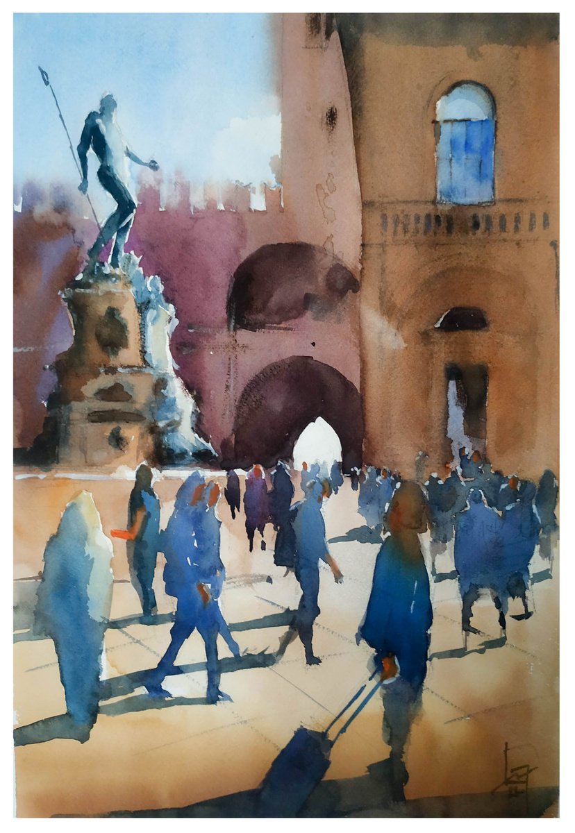 Impressionistic Cityscapes Watercolour By Flavio Furlan, 14 X 21, Bologna - Piazza Del Nettuno, Original Artwork