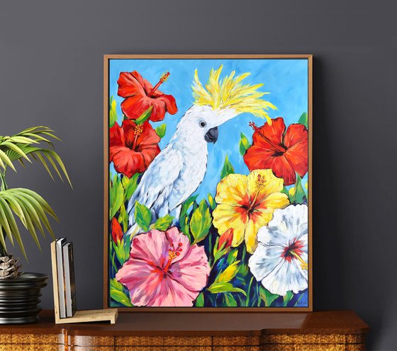 White Cockatoo and Hibiscus flowers