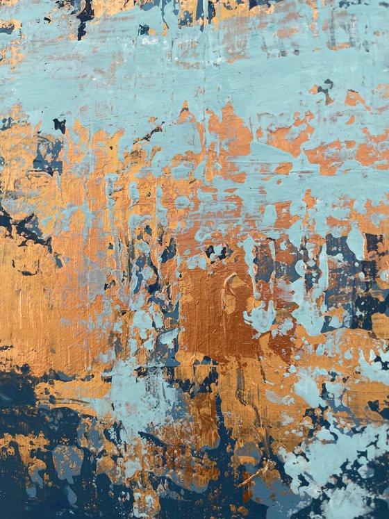 BLUE TEMPTATION - 60 x 80 CM - TEXTURED ABSTRACT PAINTING ON CANVAS * BRIGHT BLUE * PETROL * GOLD * COPPER