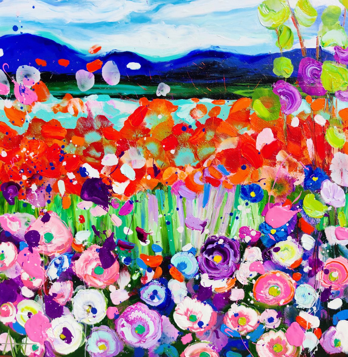 Expressive Landscape Oil Painting By Angie Wright, 24 X 24, Poppy Cascade, Original Artwork