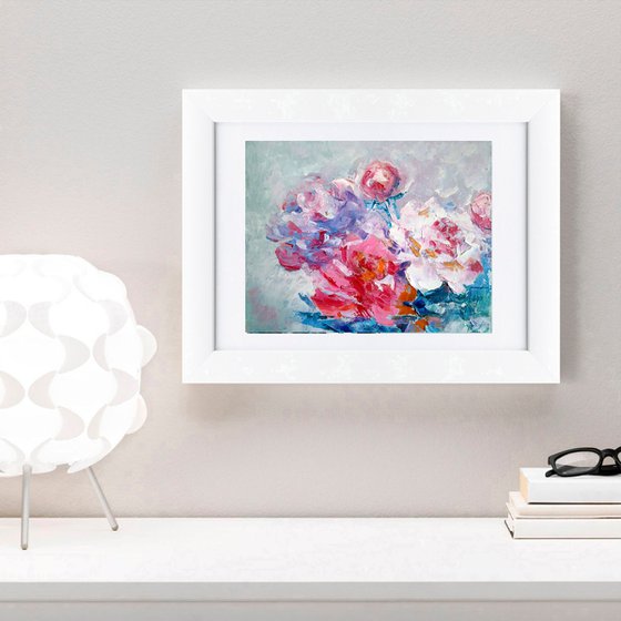 Peonies Painting Original Art Pink Floral Artwork Abstract Small Flower Wall Art