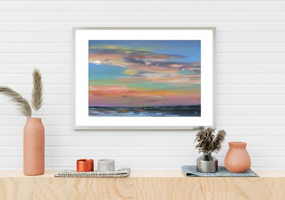 Abstract acrylic sea landscape painting , coastal sunset artwork , beach wall art with cloudy sky