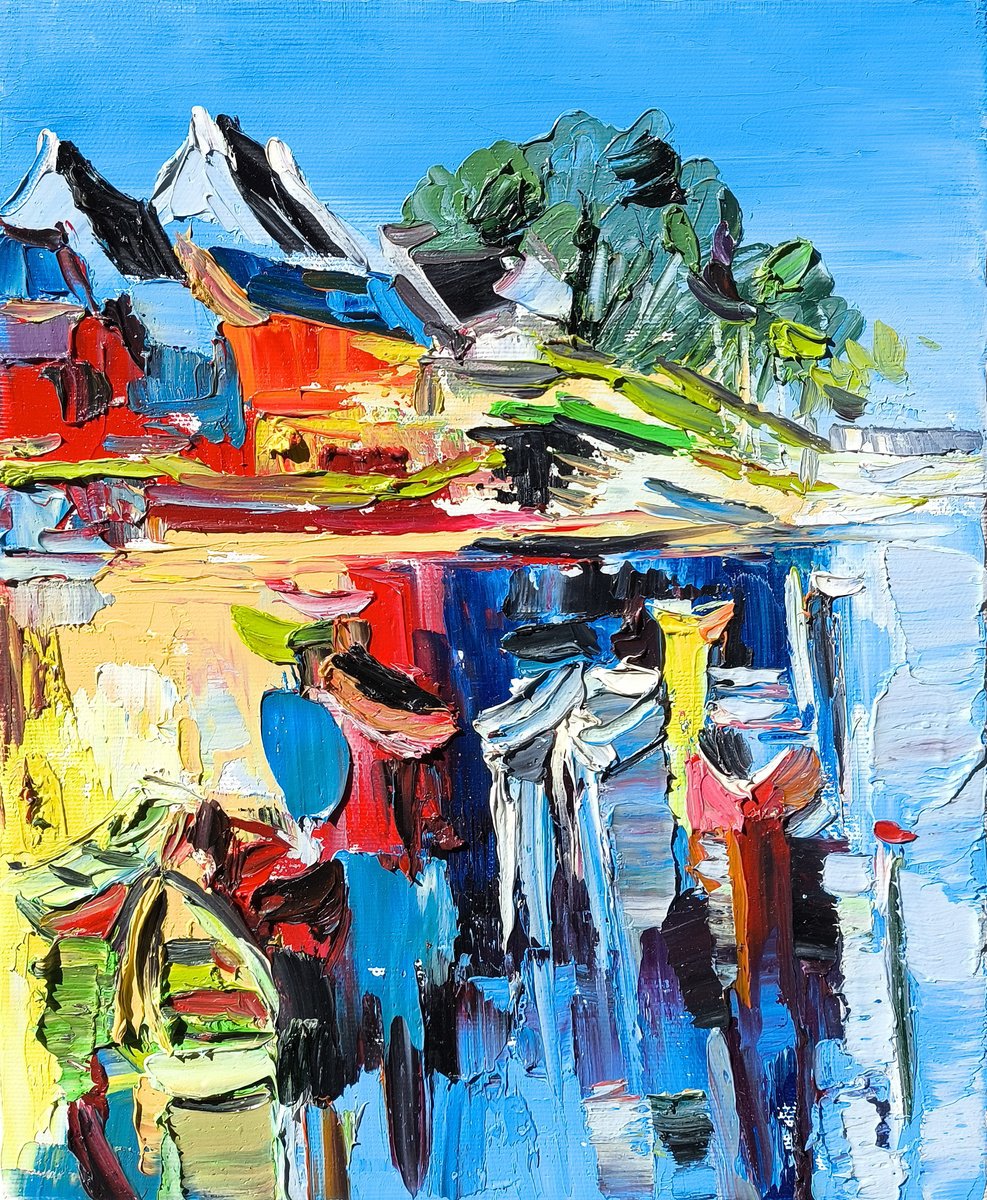 Impressionistic Landscape Oil Painting By Vahe Bagumyan, 9 X 12", Harbor In Motion, Original Artwork