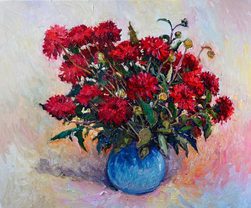 Red Georgina Flowers in Vase by Suren Nersisyan