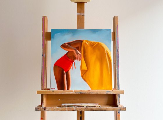 Girl with Yellow Towel - Woman on Beach Painting