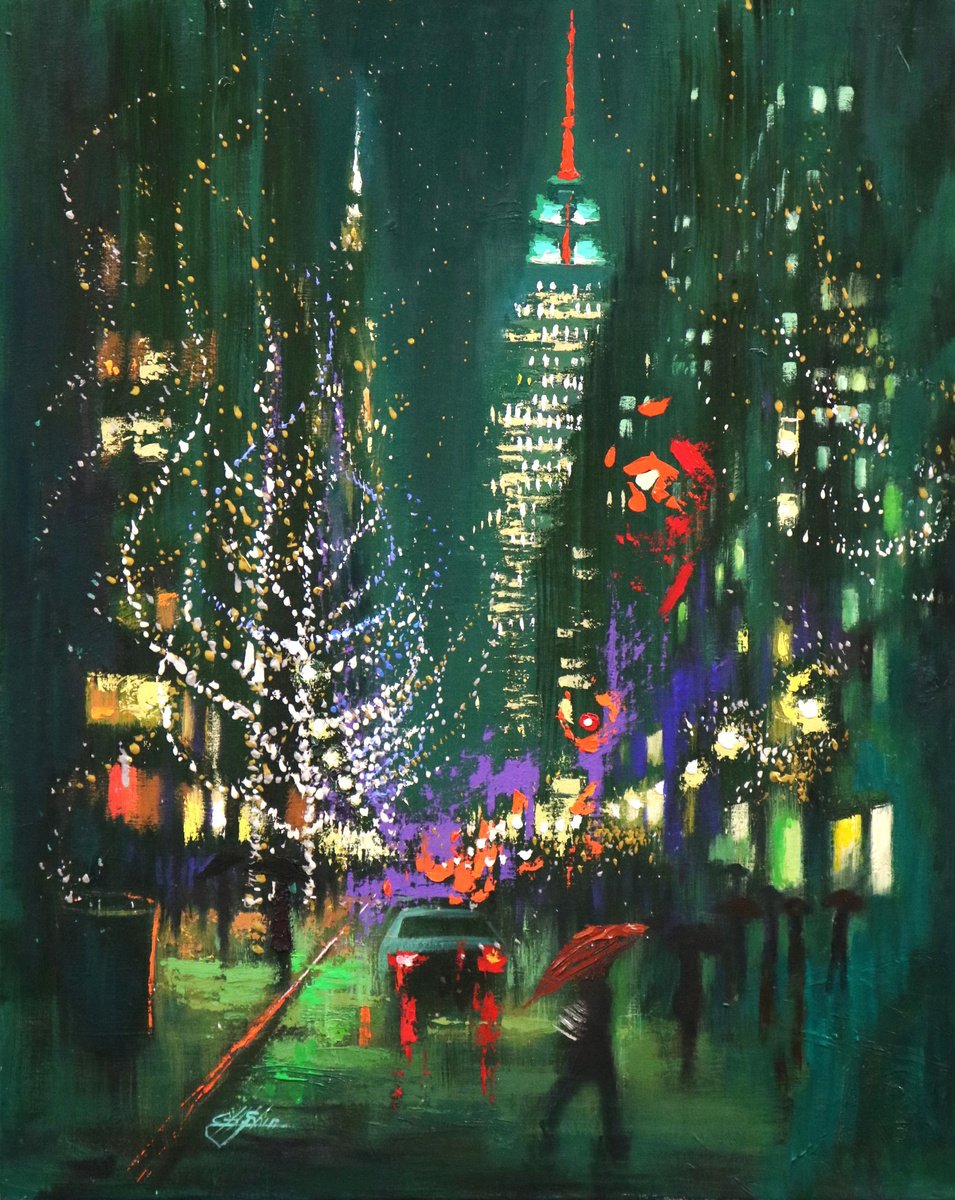 Expressive Cityscapes Oil Painting By Chin H Shin, 24 X 30, Holiday In Ny, Original Artwork