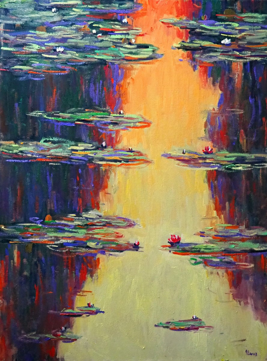Impressionistic Landscape Oil Painting By Yuanyuan Liu, 24 X 31", Water Lilies, Original Artwork