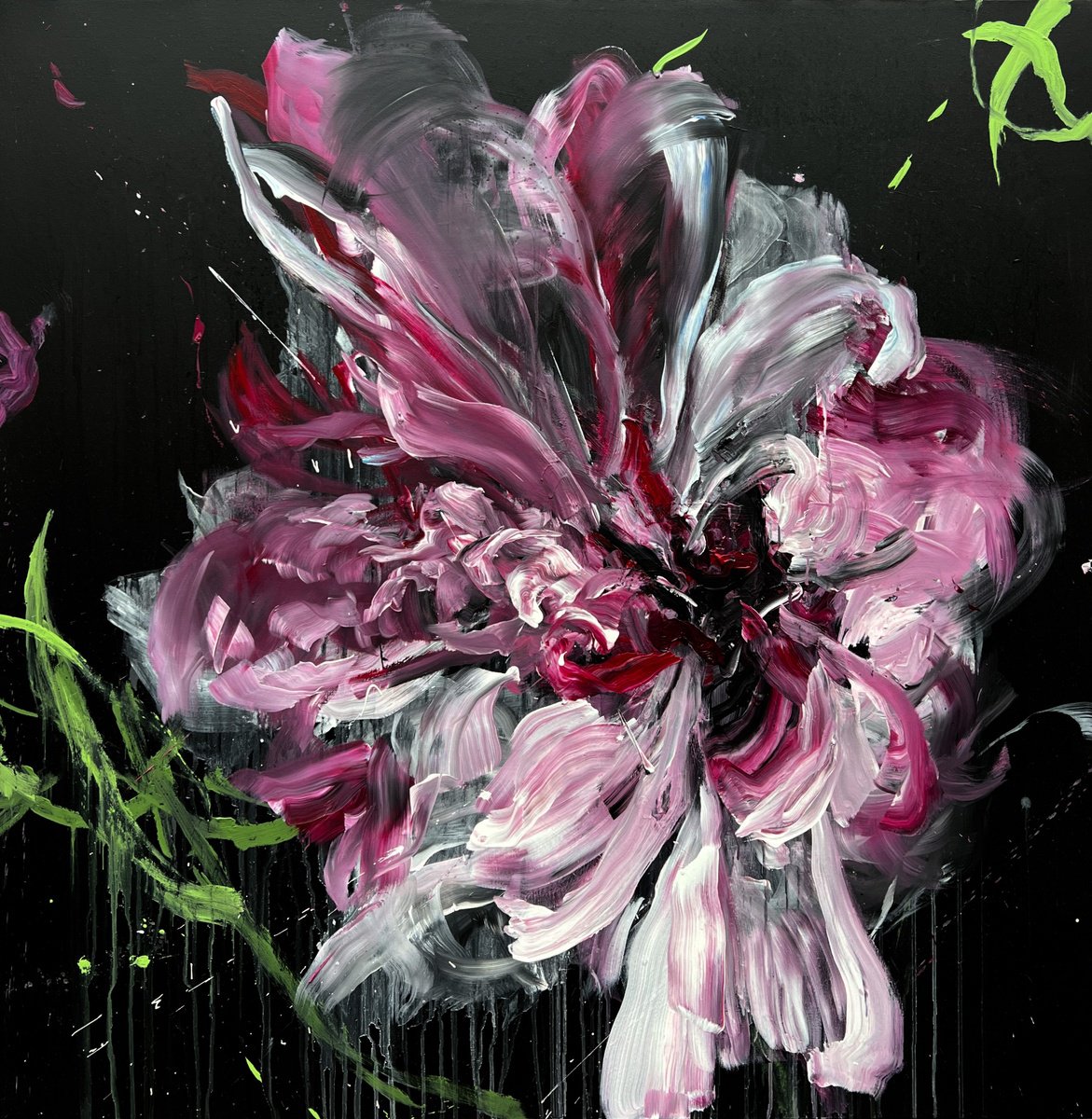 Abstract Botanical Acrylic Painting By Rosi Roys, 47 X 47", Pink Flower 23, Original Artwork