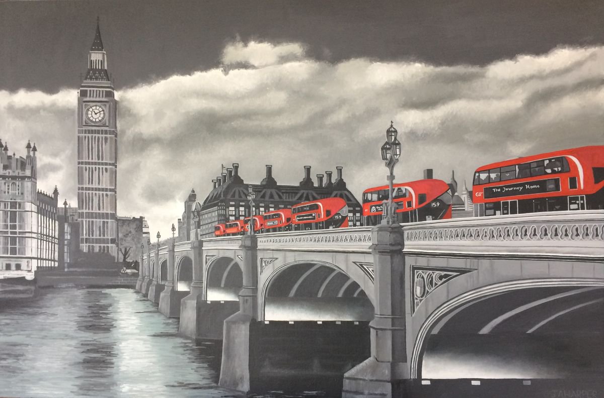 Photorealistic Cityscapes Oil Painting By Jill Ann Harper, 32 X 22, Buses On Westminster Bridge, Original Artwork