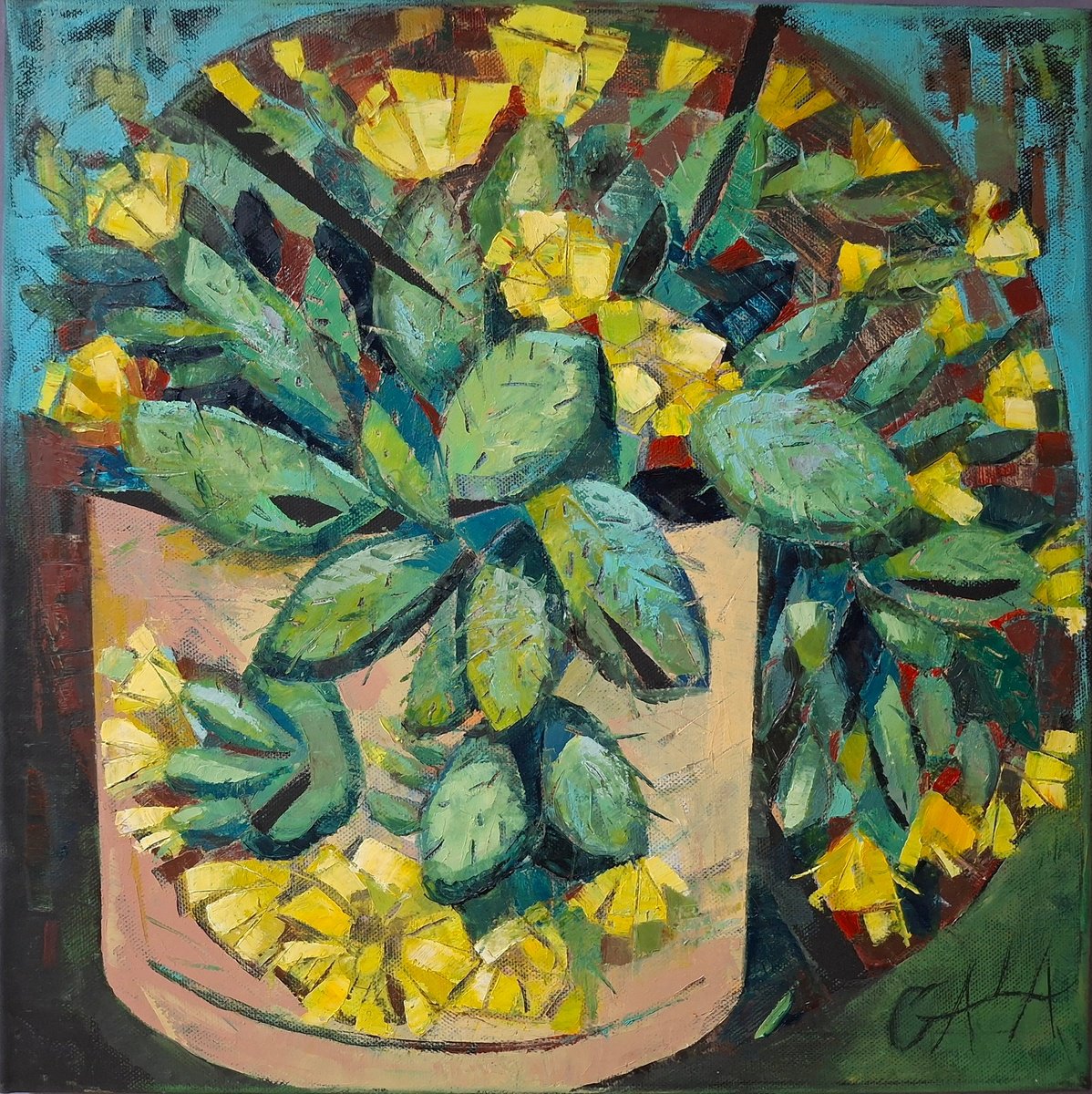 Expressive Botanical Oil Painting By Galya Koleva, 16 X 16, Yellow Cactus, Original Artwork