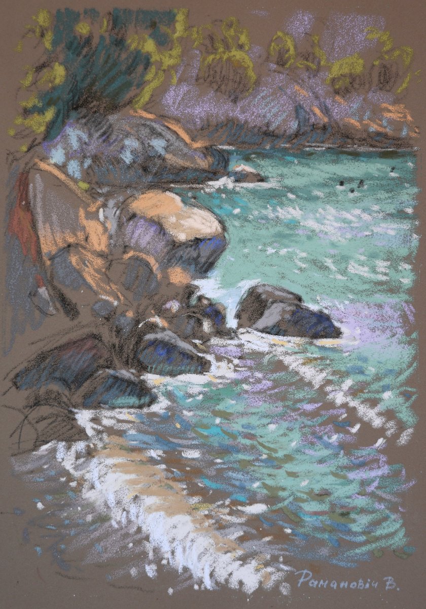 Impressionistic Pastel Drawing , Mediterranean Bay By Victoria Ramanovich, 13 X 17, Artwork For Sale On Artfinder