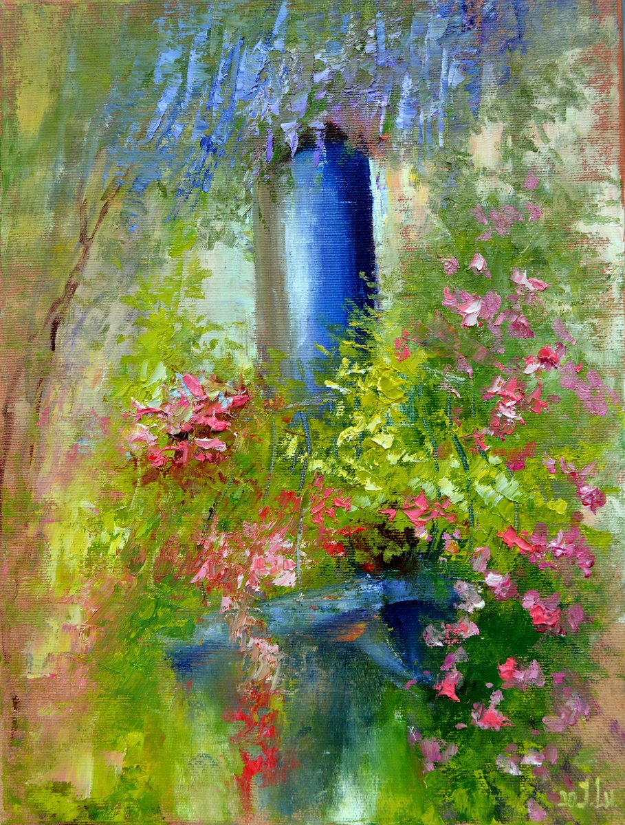 Impressionistic Botanical Oil Painting By Elena Lukina, 12 X 16, Blooming Balcony, Original Artwork