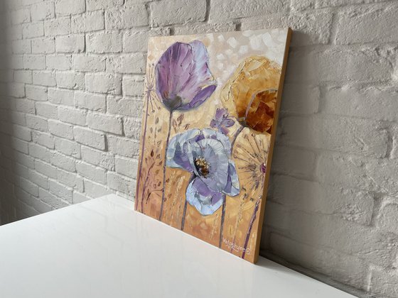 Flowers on yellow. Oil painting, original art