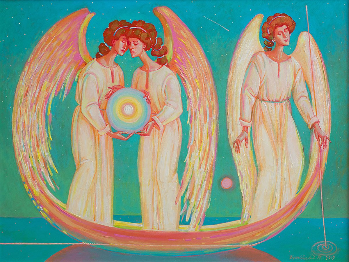 Impressionistic Portrait Acrylic Painting By Nicolay Vydcovsky, 31 X 24", Guardians Of The Shower, Original Artwork