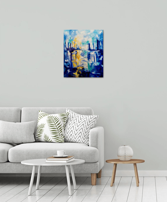 Abstract Blue Dream city, variations of blue colours: ultramarine, navy blue, turquoise, sky blue, cobalt, palette knife original artwork.