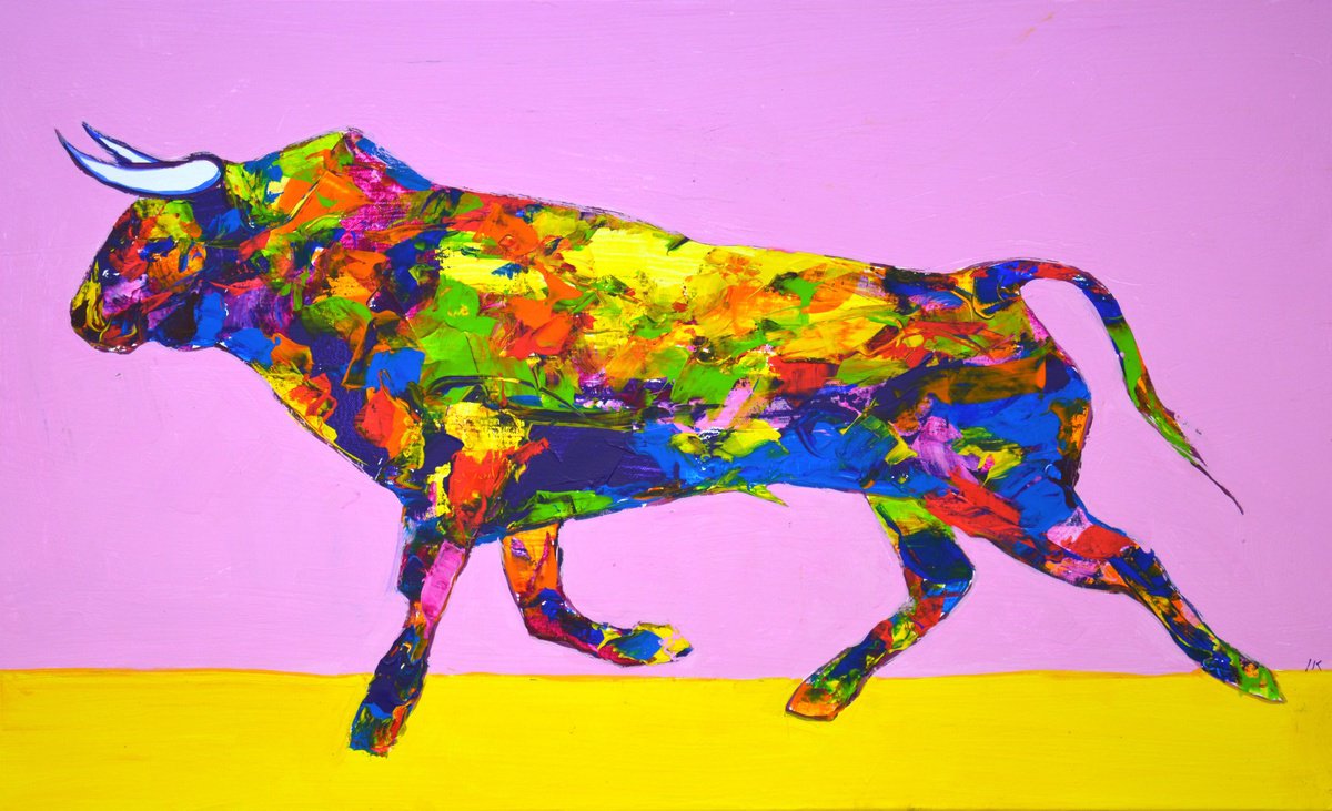 Expressive Animal Acrylic Painting By Iryna Kastsova, 39 X 24, Bull, Original Artwork
