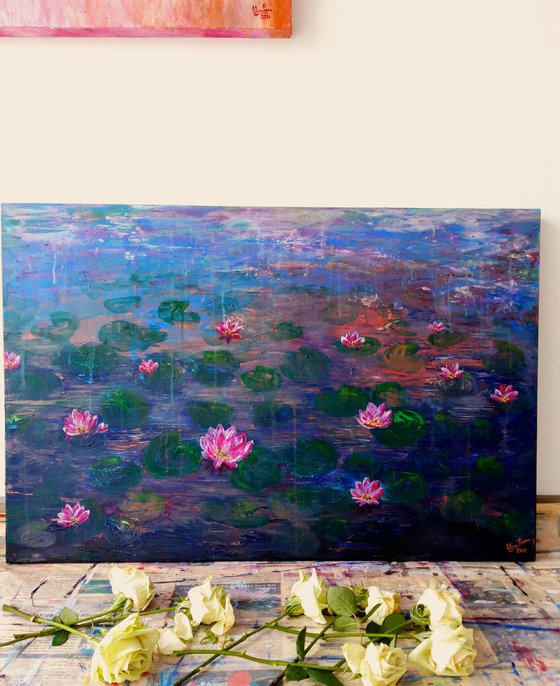Pink water lilies in the twilight (2021)