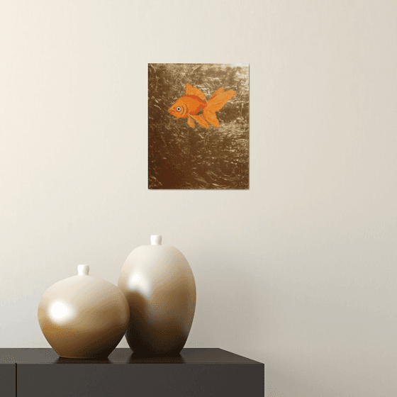My Little Golden Goldfish Oil Painting on Lacquered Golden Leaf Canvas Frame