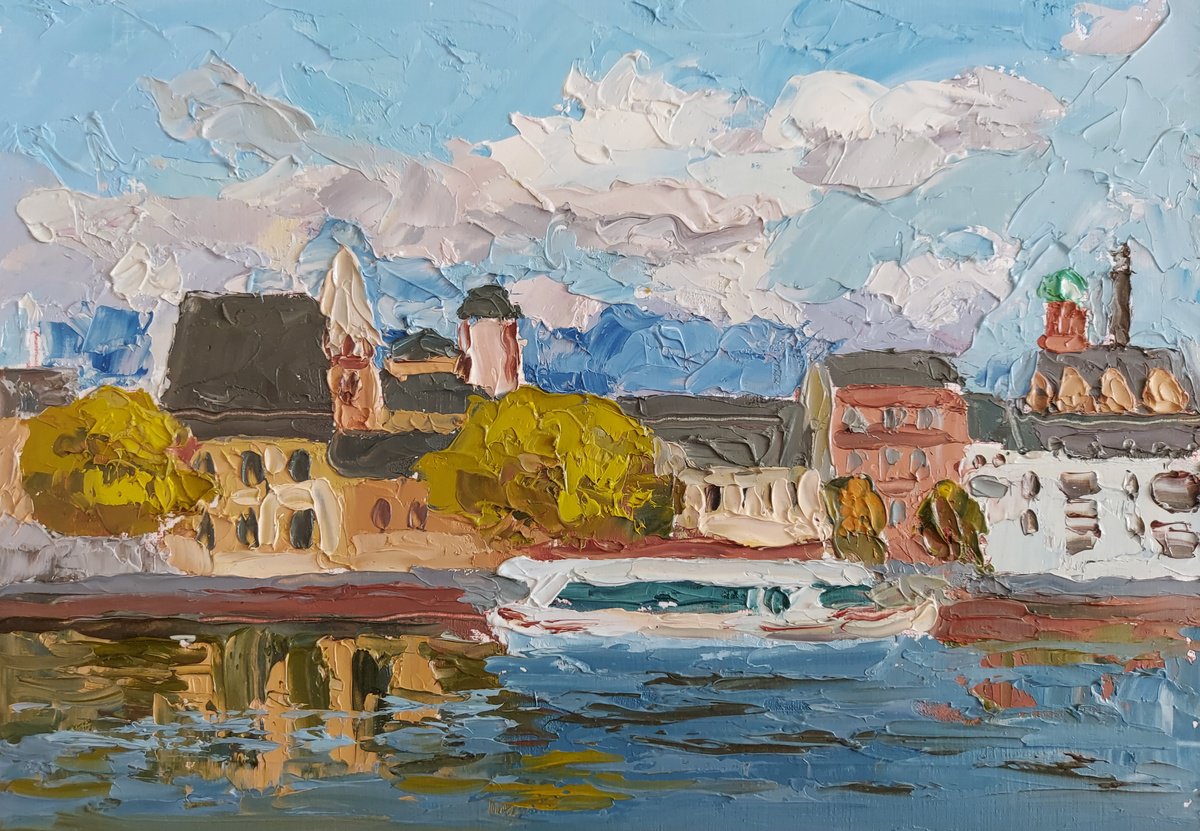 Impressionistic Landscape Oil Painting By Olena Kolotova, 12 X 8", "Frankfurt On Main Waterfront", Original Artwork