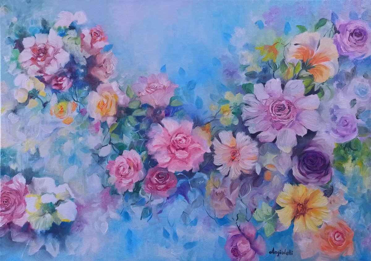 Expressive Botanical Painting By Anna Rita Angiolelli, 28 X 20, Blue Fantasy, Original Artwork