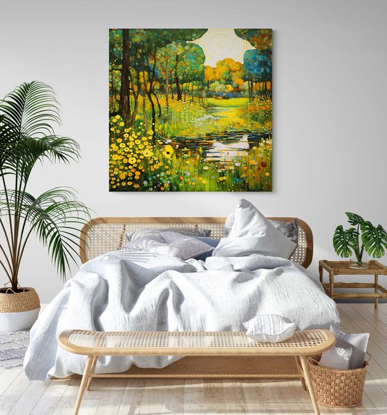 Warm green forest, yellow white flowers and pond with light reflections and bright sunbeams in Klimt style. Hanging large positive relax colorful wall art for home decor