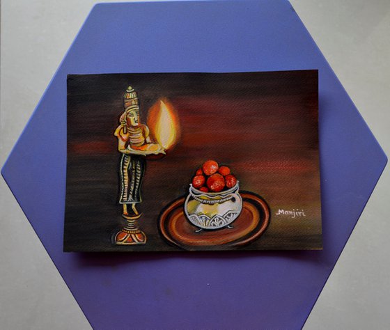 Diwali Festival art Gulab Jamun sweet and oil lamp
