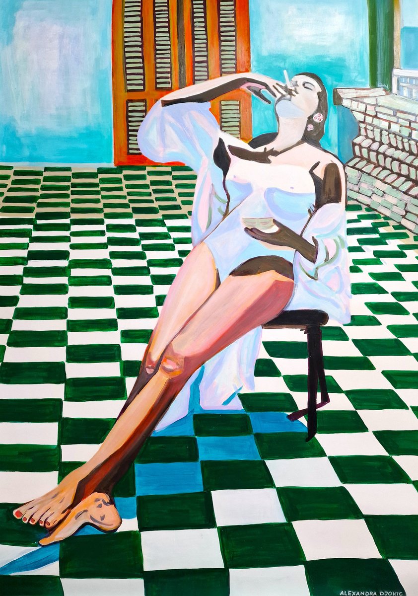 Urban And Pop Portrait Acrylic Painting By Alexandra Djokic, 28 X 39, Relaxation, Original Artwork