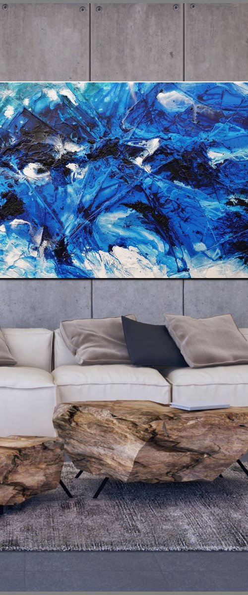 Reef Fracture 270cm x 120cm Blue White Textured Abstract Art by Franko