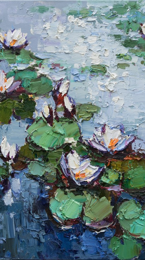 White Water Lilies in pond -  Original Oil painting by Anastasiia Valiulina