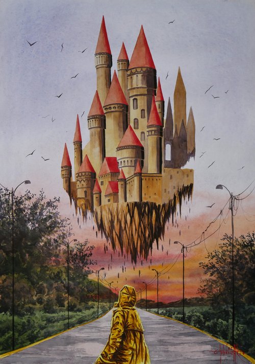 "Fantasy castle in the air" 2022 Watercolor on paper 70x50 by Eugene Gorbachenko