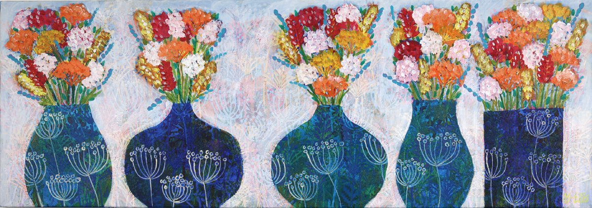 Expressive Botanical Acrylic Painting By Mariann Johansen-Ellis, 39 X 14", Forever Summer, Original Artwork