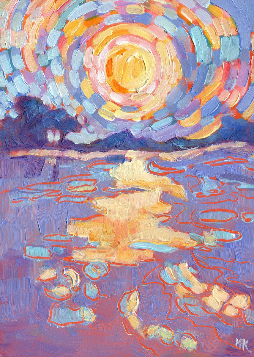 Impressionistic Landscape Oil Painting By Mary Kemp, 10 X 7", Moonlight On Water, Original Artwork