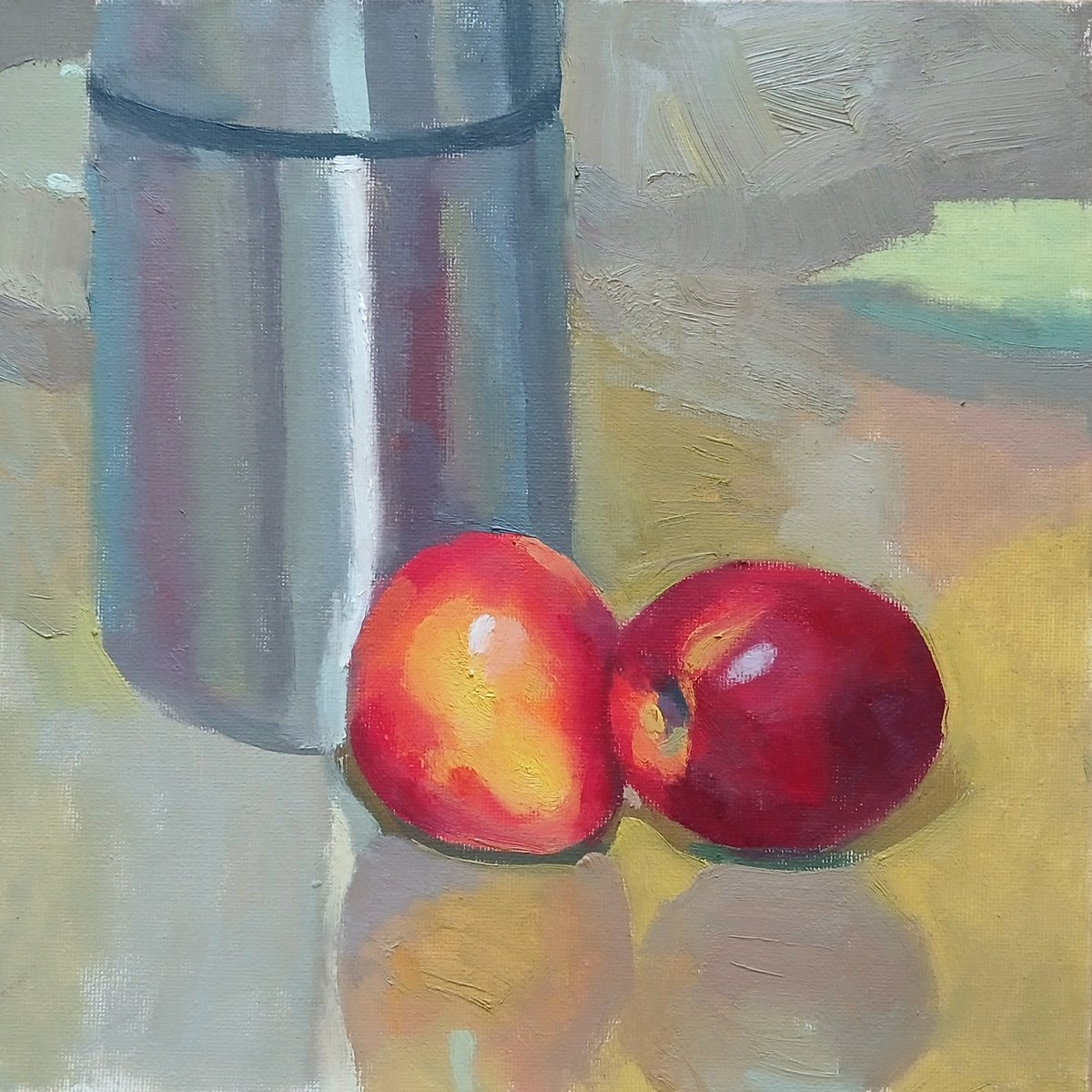 Impressionistic Still Life Oil Painting By Vasyl Koval, 10 X 10", Nectarines And Thermos, Original Artwork
