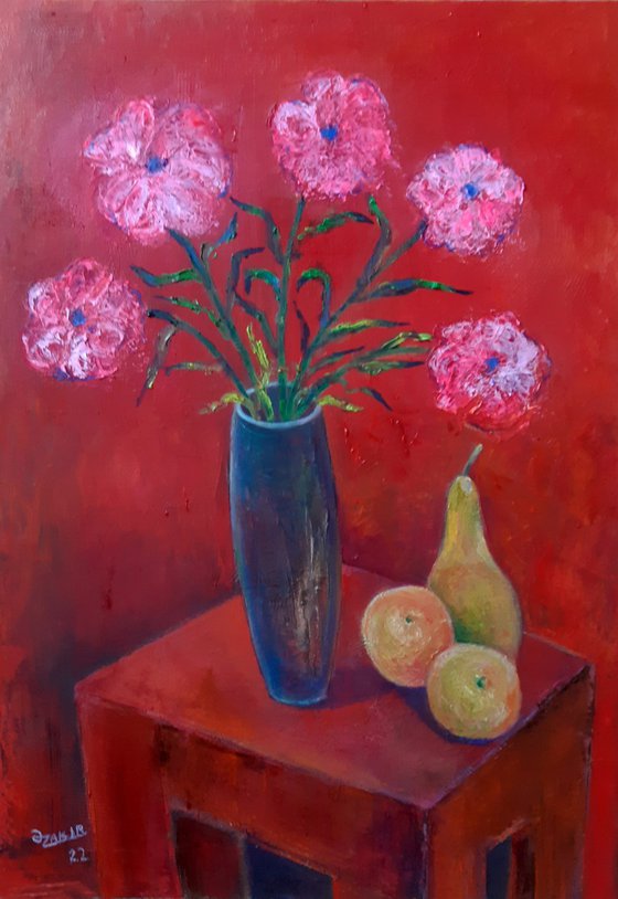 Red flowers and pear