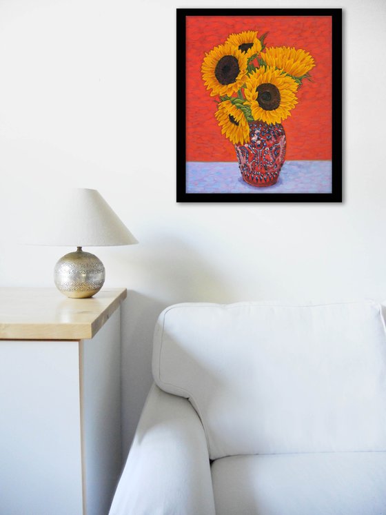 Sunflowers against Red