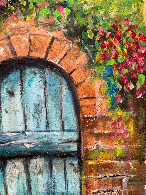 Old teal door ! A4 size Painting on paper