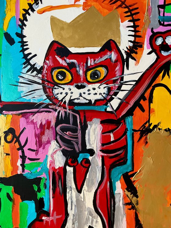 UNTITLED RED KING CAT version of famous painting #2  by Jean-Michel Basquiat.