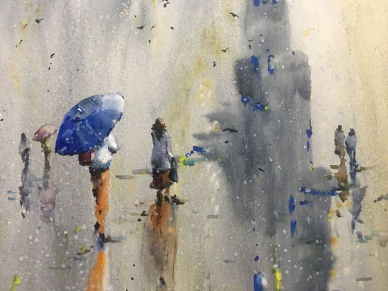 SOLD Watercolor “Lady with blue umbrella” special gift