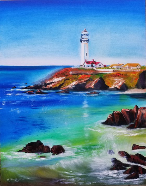 Lighthouse Landscape. Pigeon Point Lighthouse (California, USA). Original Oil Painting on Canvas. Spectacular Coastal Landscape with Blue Sky and Water Reflection.