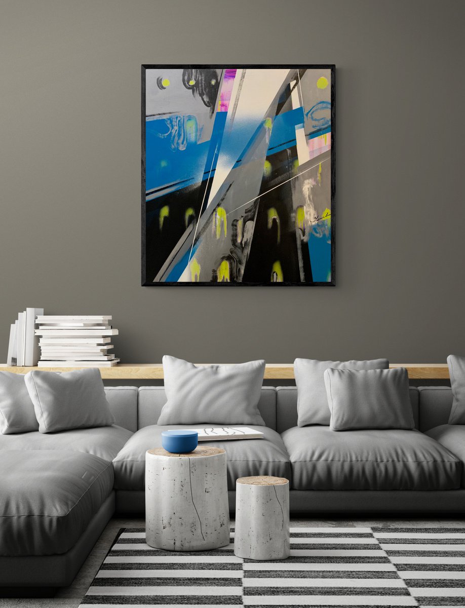 Geometric Abstract Acrylic Painting By Yaroslav Yasenev, 31 X 35", Blue Abstract, Original Artwork