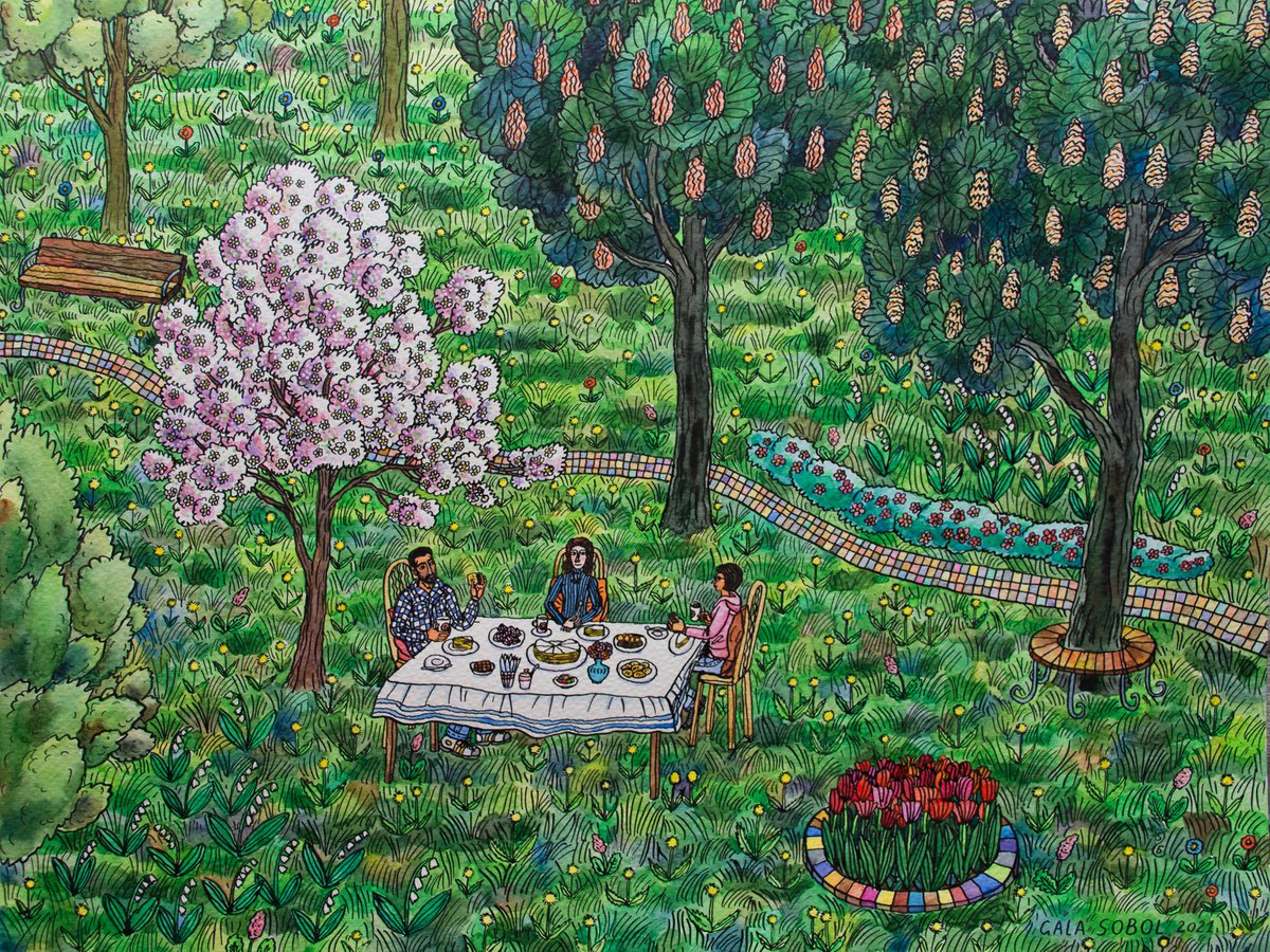 Tea party under a blossoming apple tree by Gala Sobol by Gala Sobol
