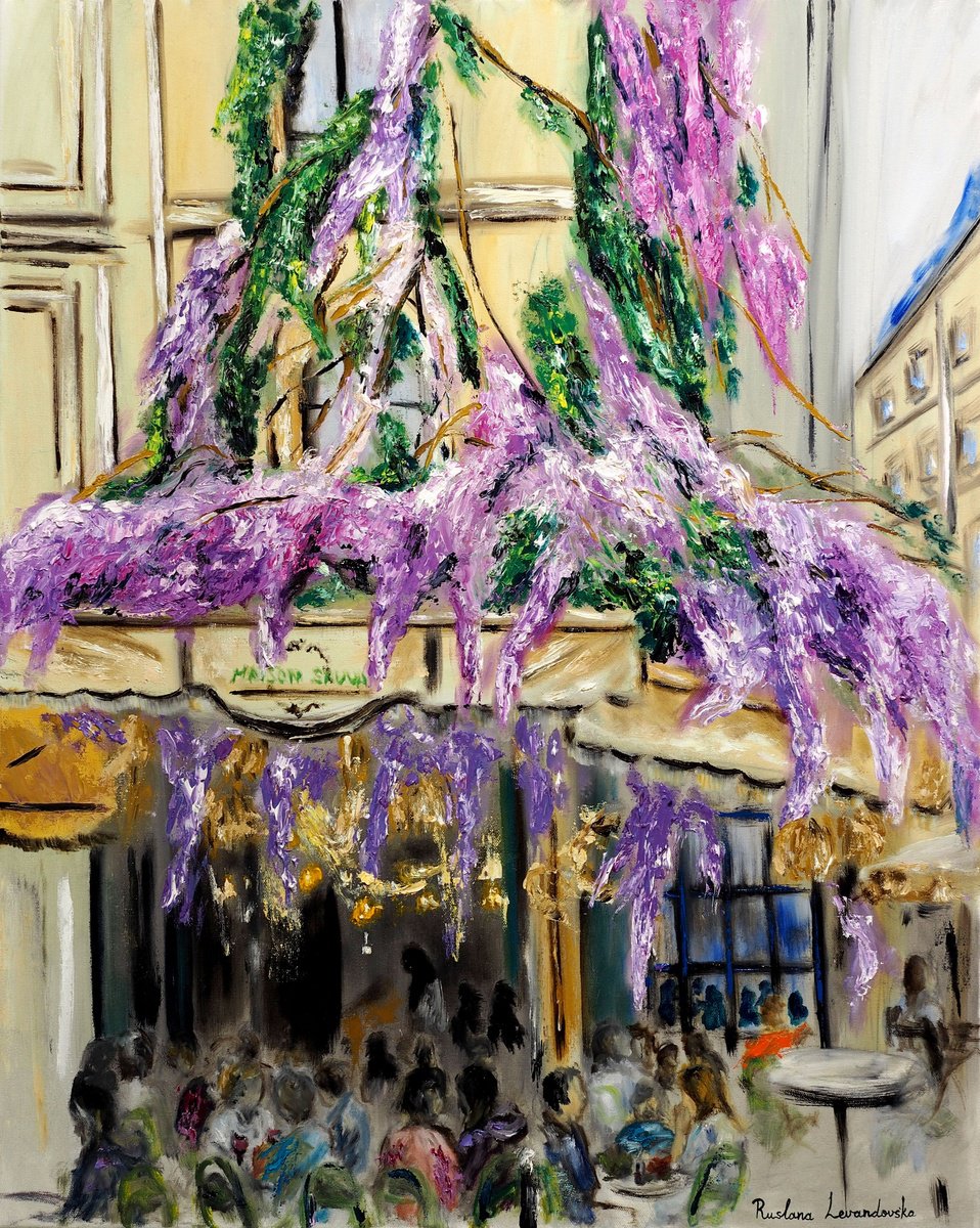 Impressionistic Cityscapes Oil Painting By Ruslana Levandovska, 24 X 30", Maison Sauvage, Paris - Wisteria, Original Artwork